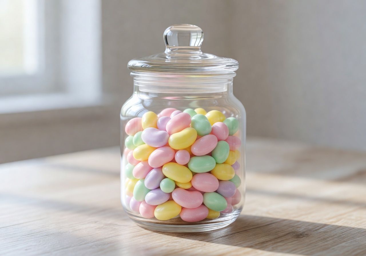 A beautiful jar of pastel colored candies